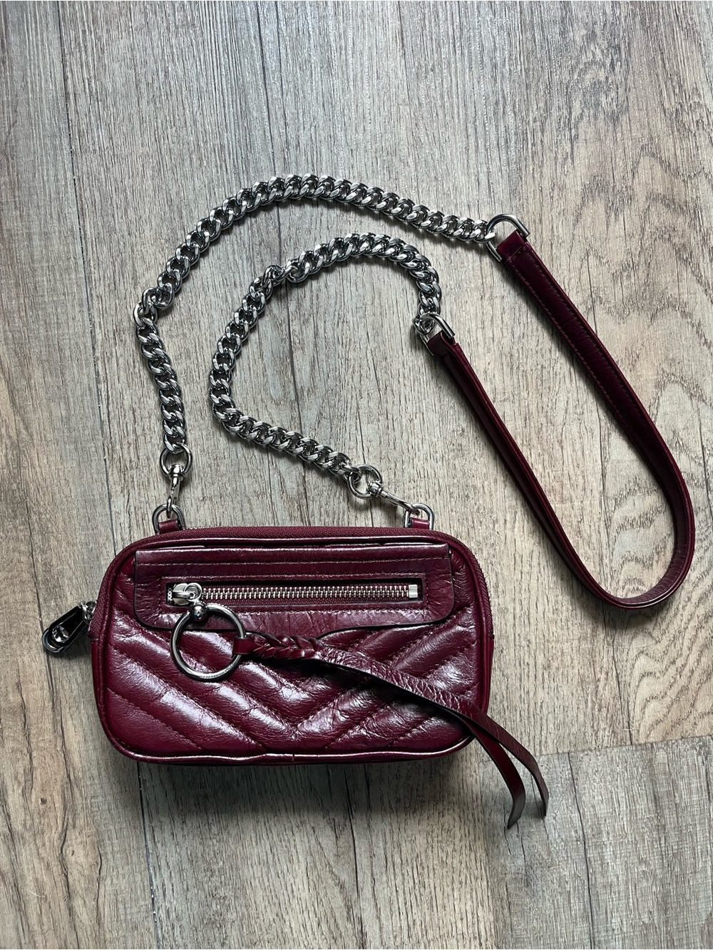 Rebecca Minkoff Quilted Crossbody Bag in Burgundy with Silver Hardware